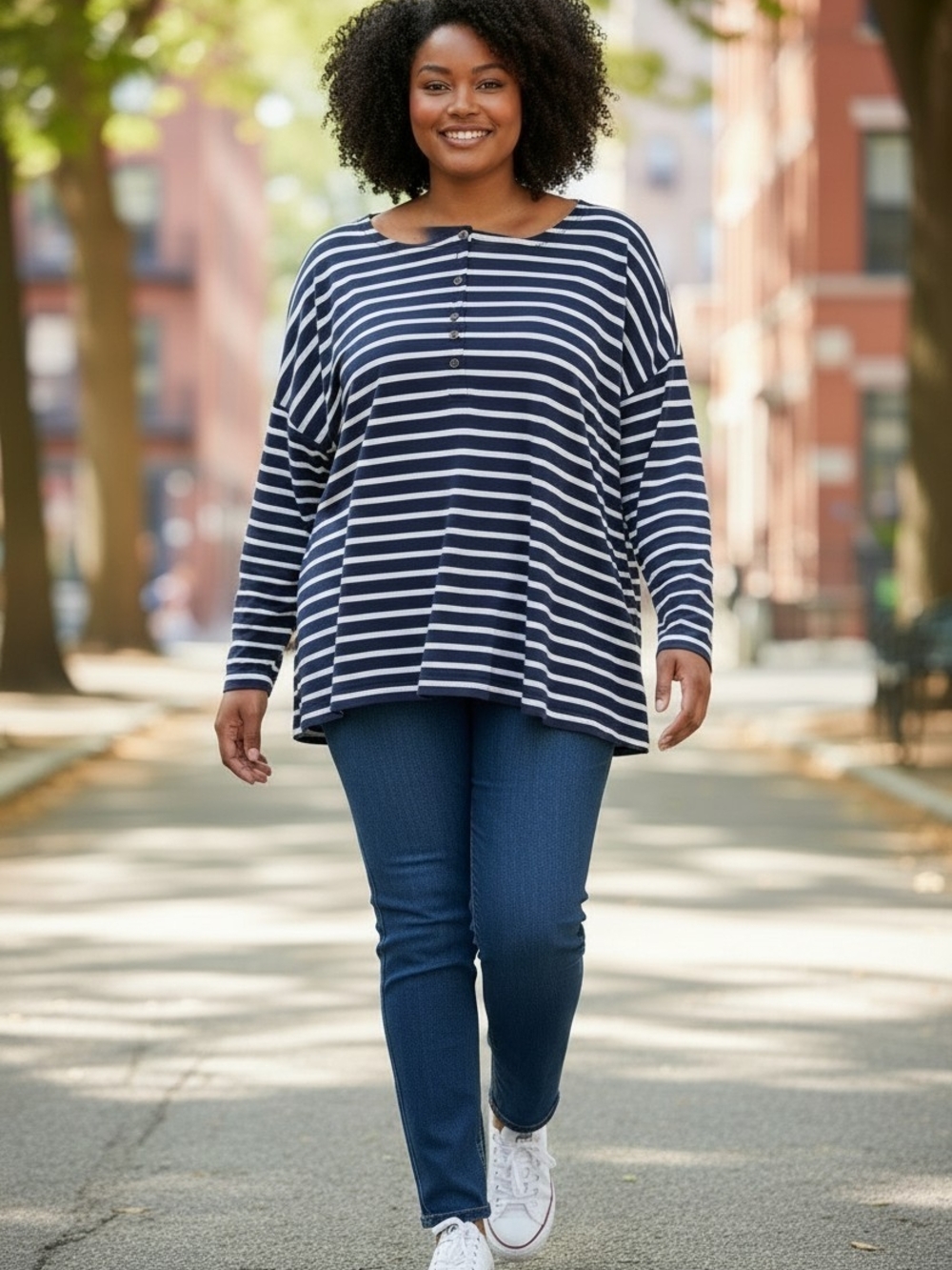 Old Navy Navy and White Striped Long-Sleeve Henley Top Sixe 4X